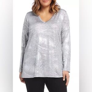 Silver Metallic Knit Poly-Spandex Long Sleeve V-Neck Tunic w/Side Slits